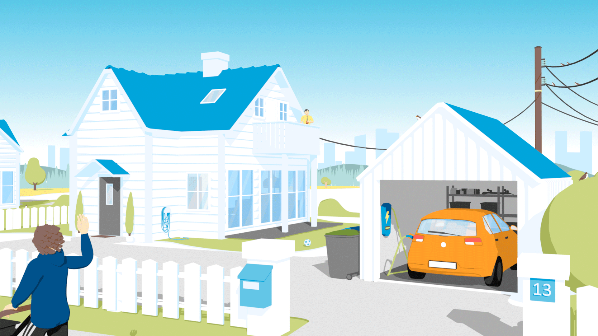 2d animasjon lagd i 3d for hafslund av en person med barnevogn som vinker til en mann med kaffe på terrasse på et hus