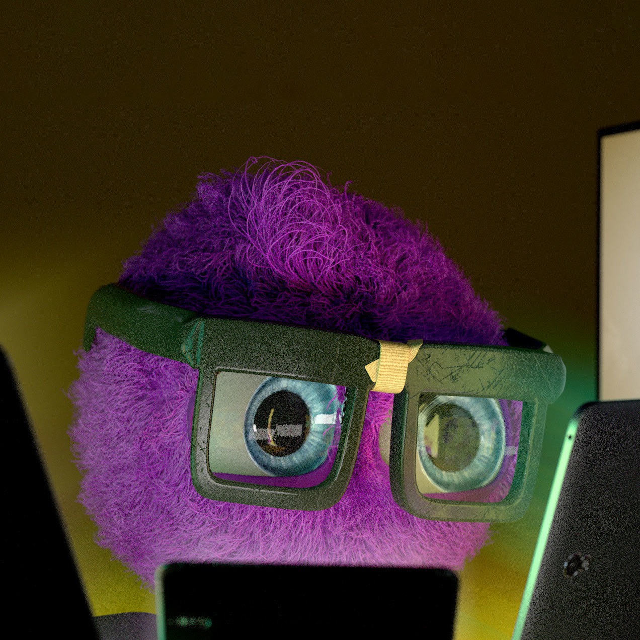 3d animasjon av den lilla norgesenergi elekronen med briller som ser paa laptop mobil og tv samtidig
