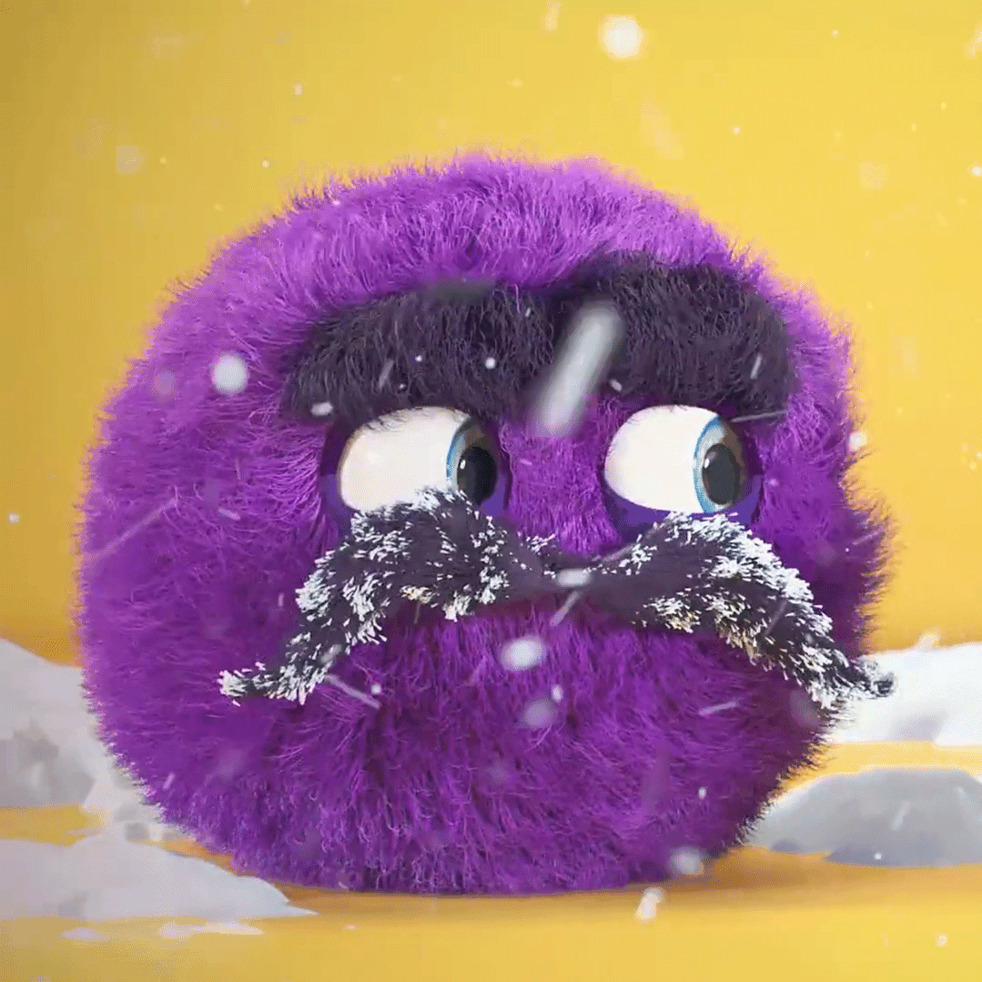 3d animasjon av den lilla norgesenergi elektronen som har frost i barten og ser engstelig ut