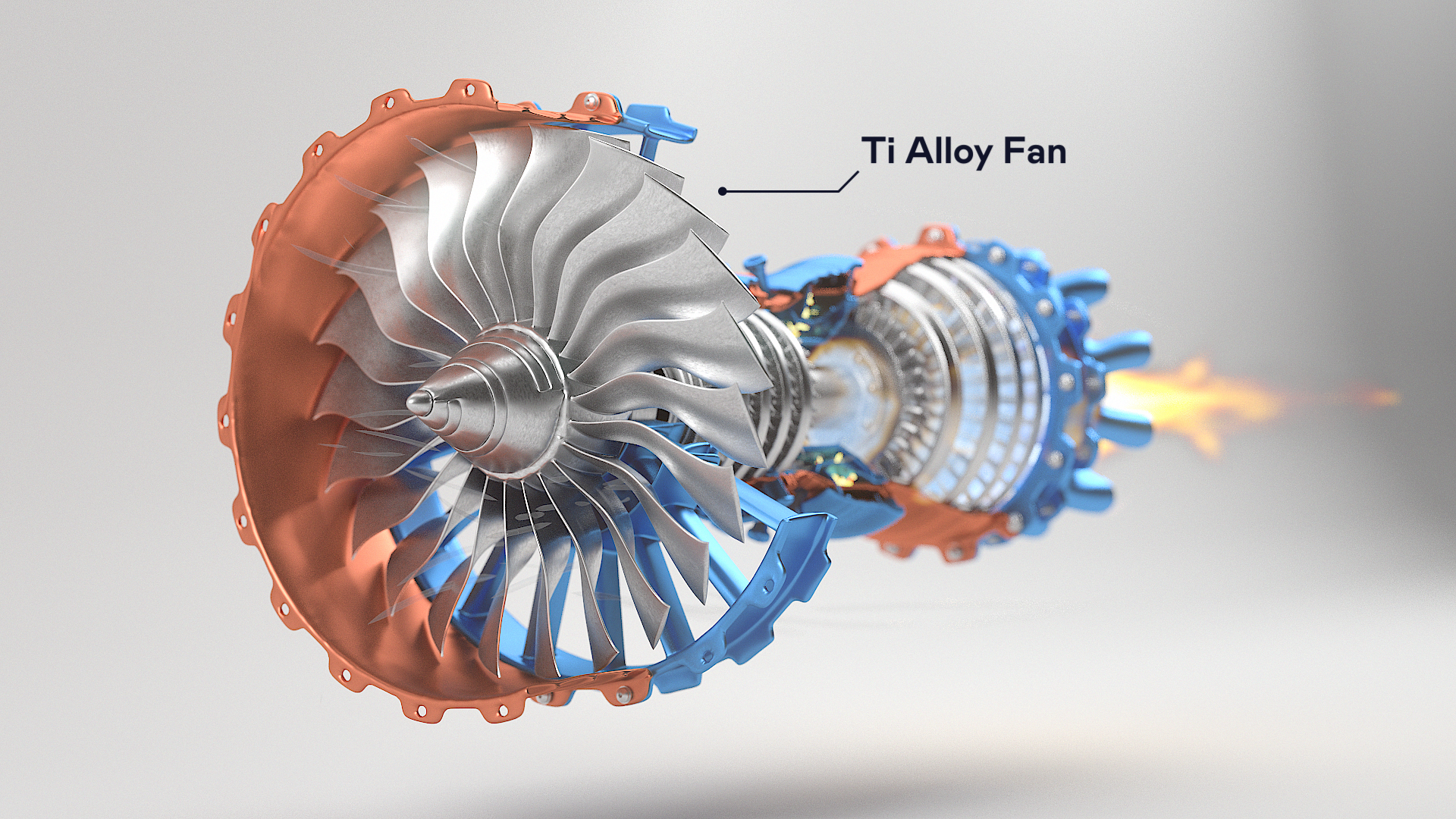 3d produktvisualisering av en blaa og oransje jet motor som er slaatt paa og har forklaringsteksten ti alloy fan over seg