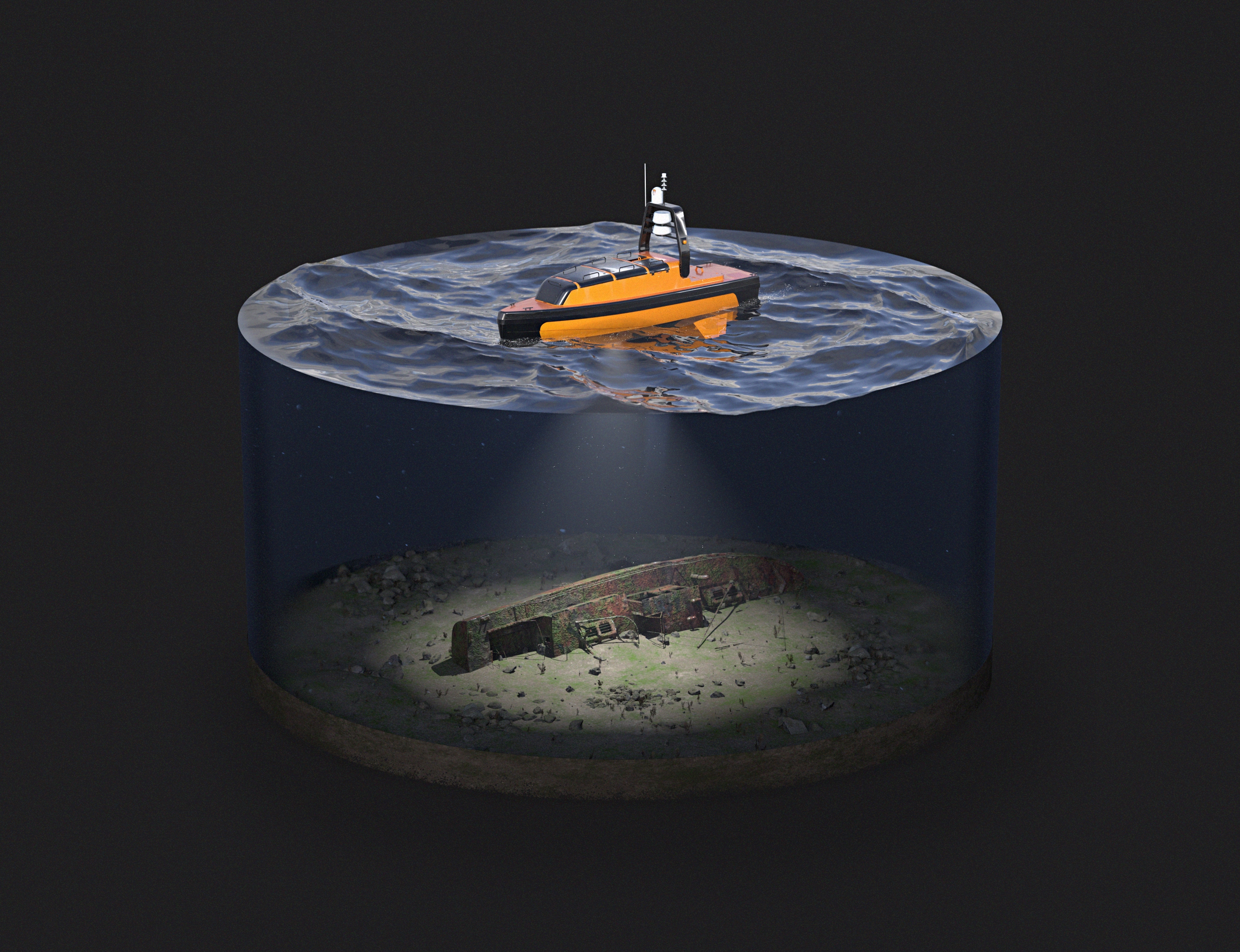 3d produktvisualisering av en oransje baat som scanner under vann etter skipsvrak paa bunnen av havet