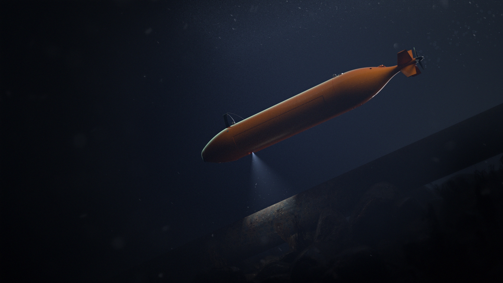 3d produktvisualisering av en oransje submarine som scanner et roer paa bunnen av havet