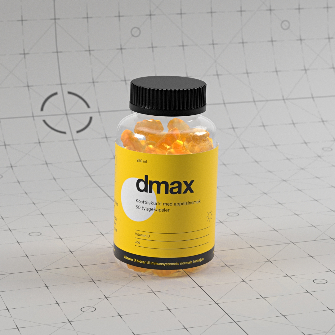 3d produktvisualisering av en sort og gul dmax d vitamin kapsel boks som staar i et studio
