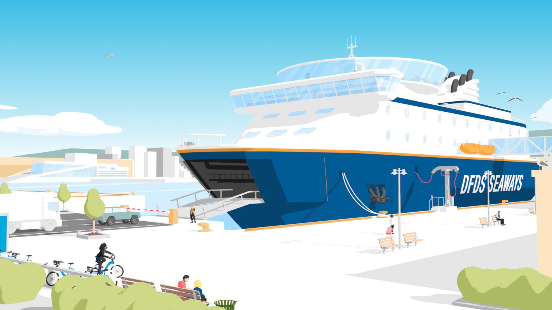 2d animasjon lagd i 3d for hafslund av dfds seaways som er ved bryggen på vippetangen karakterer fyller opp bryggen