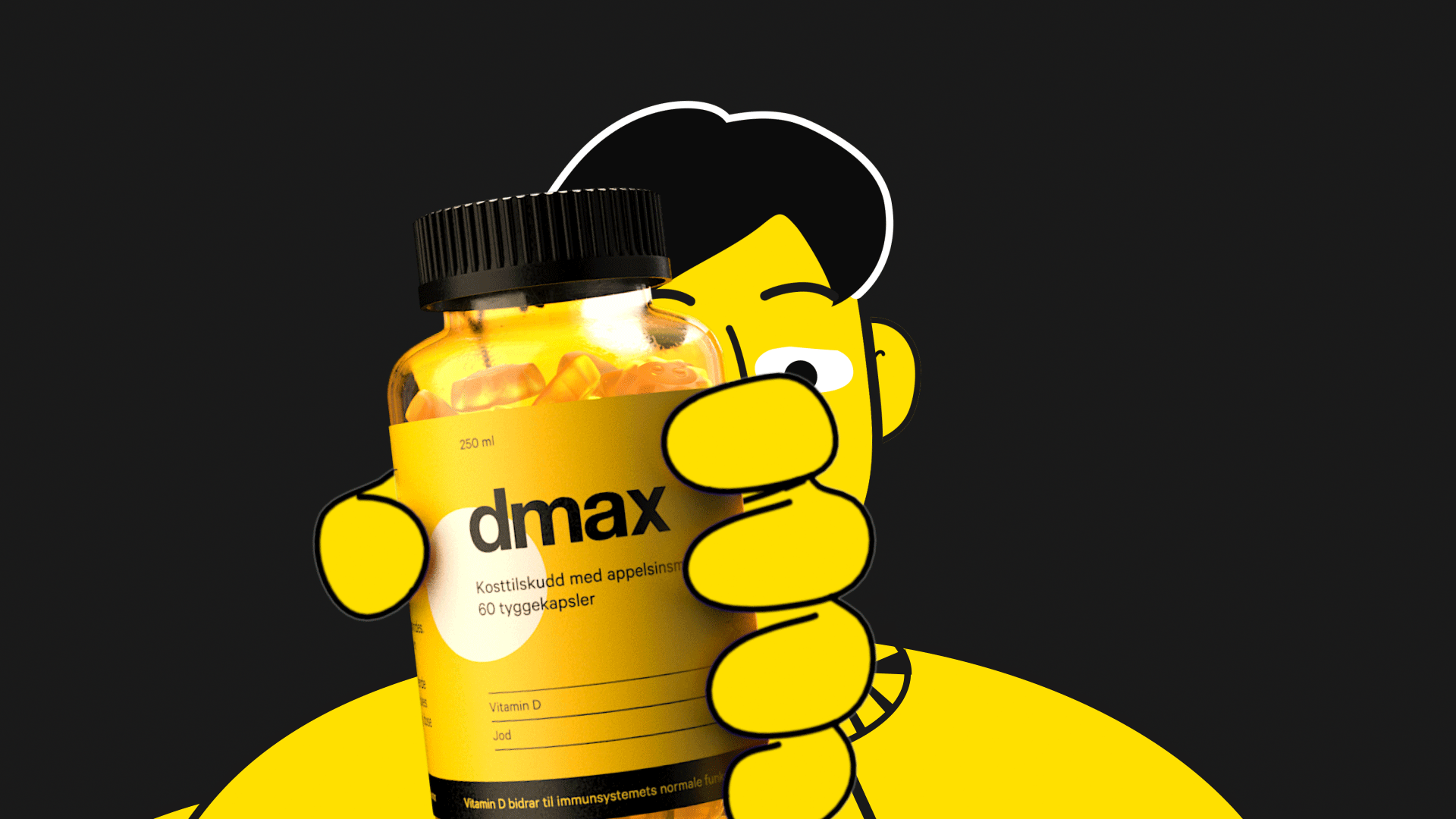 Animasjon for dmax d vitamin hvor 2d karakter holder på en 3d kapselbeholdere i haanden