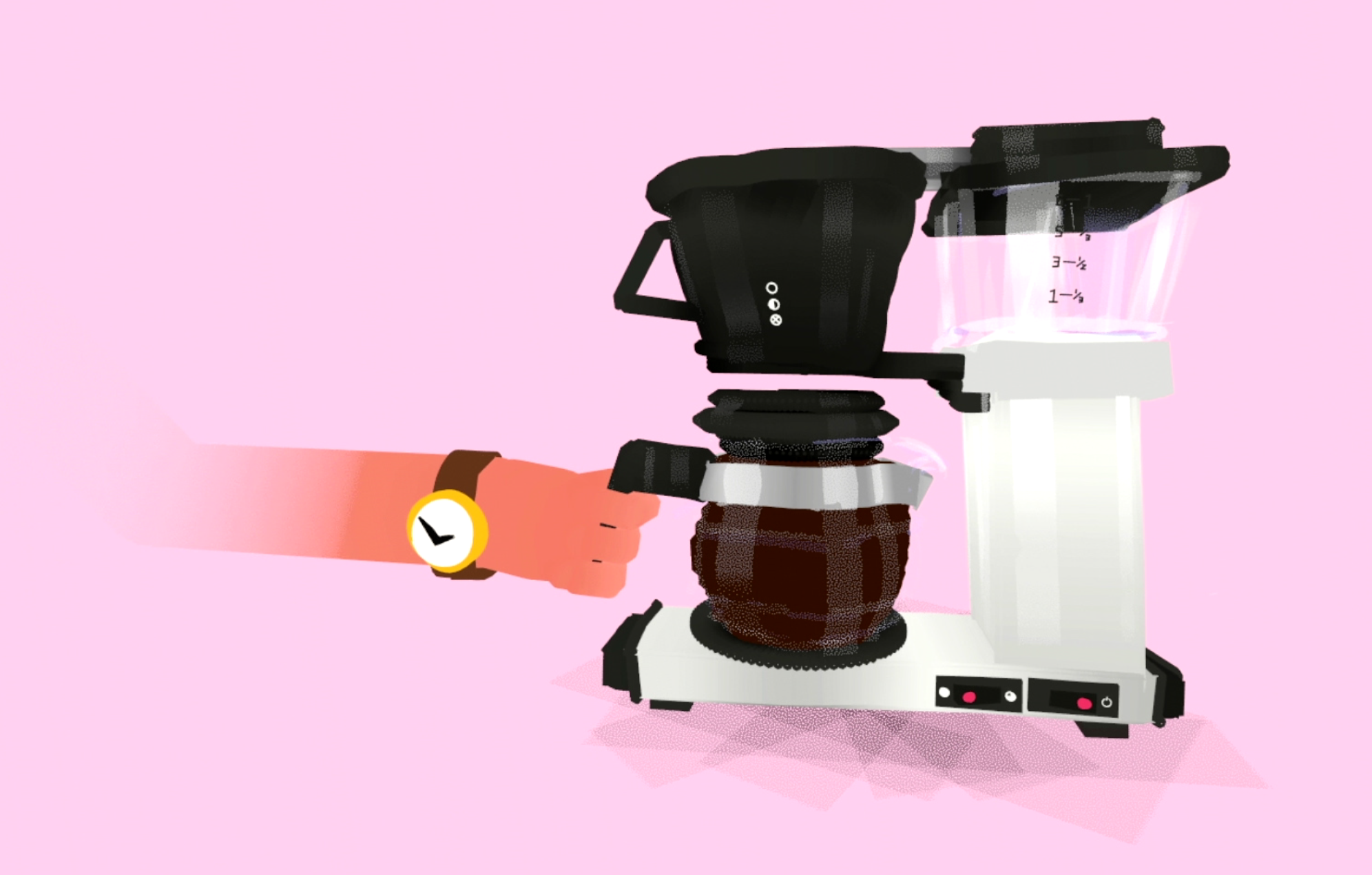 Vr 3d modellering og animasjon av handen til en kontorarbeider som brygger kaffe på en moccamaster